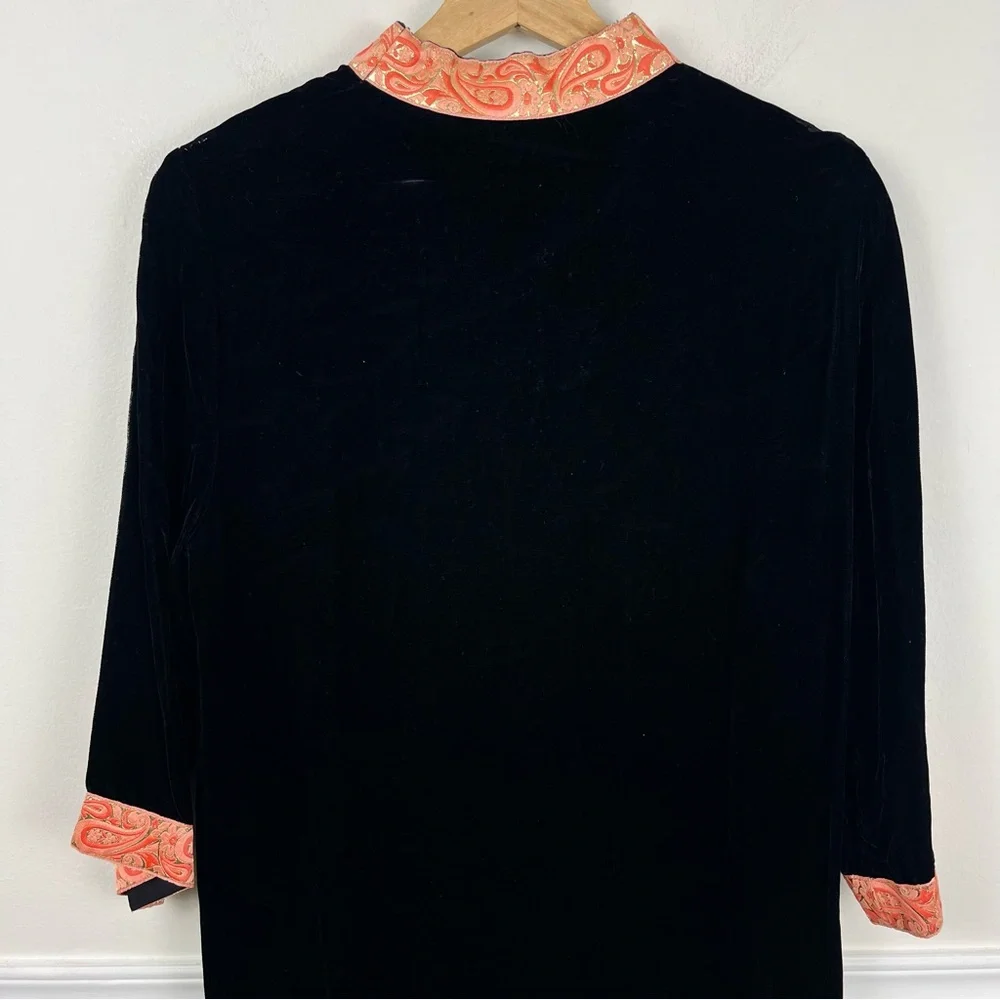 Vtg 60s G. Fox & CO‎ Lounge Wear Caftan Robe Black Orange Gold Velour Zip Sz S/M